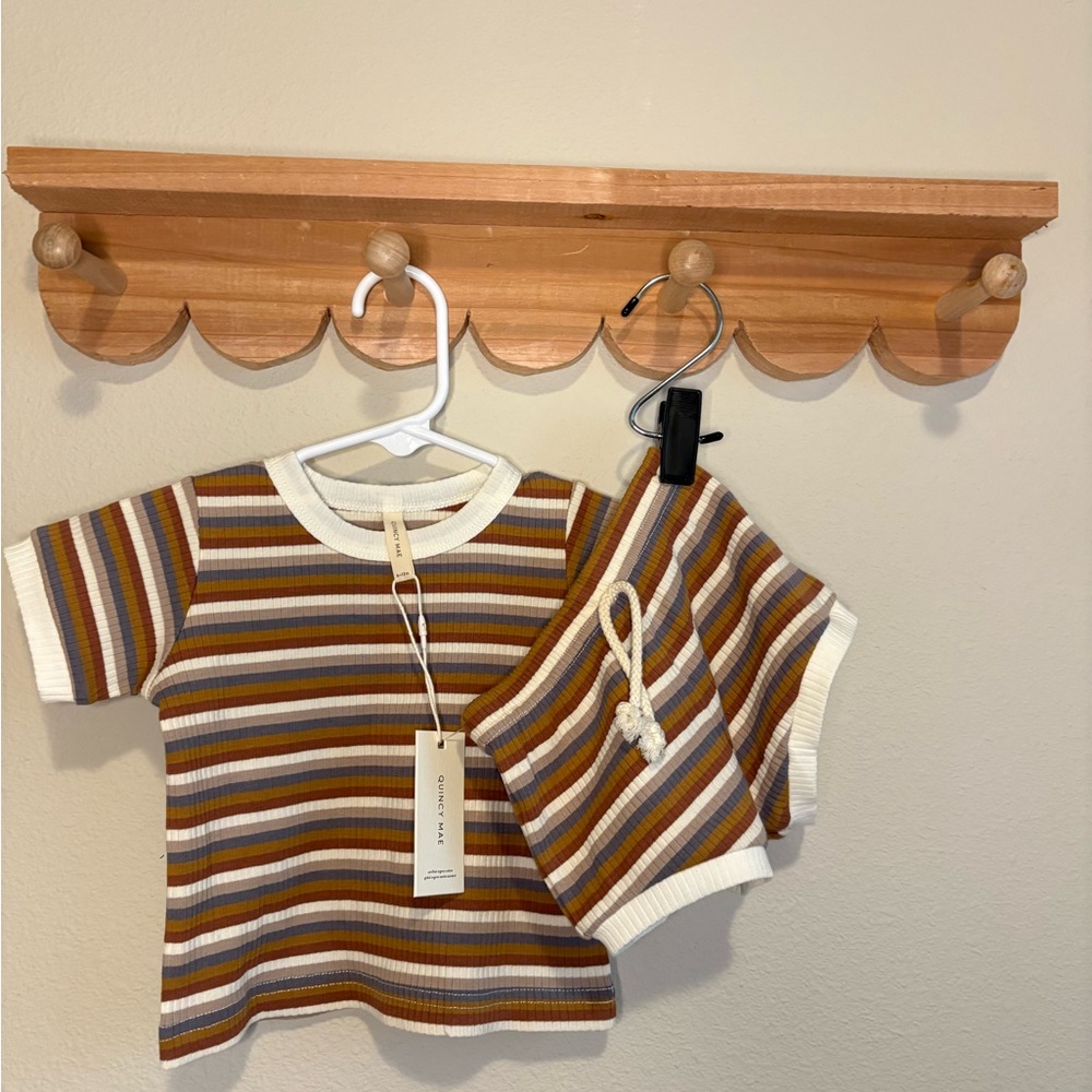 Quincy Mae Multi-Stripe Ribbed Tee & Shorts Set - White, Brown, Mustard, Blue